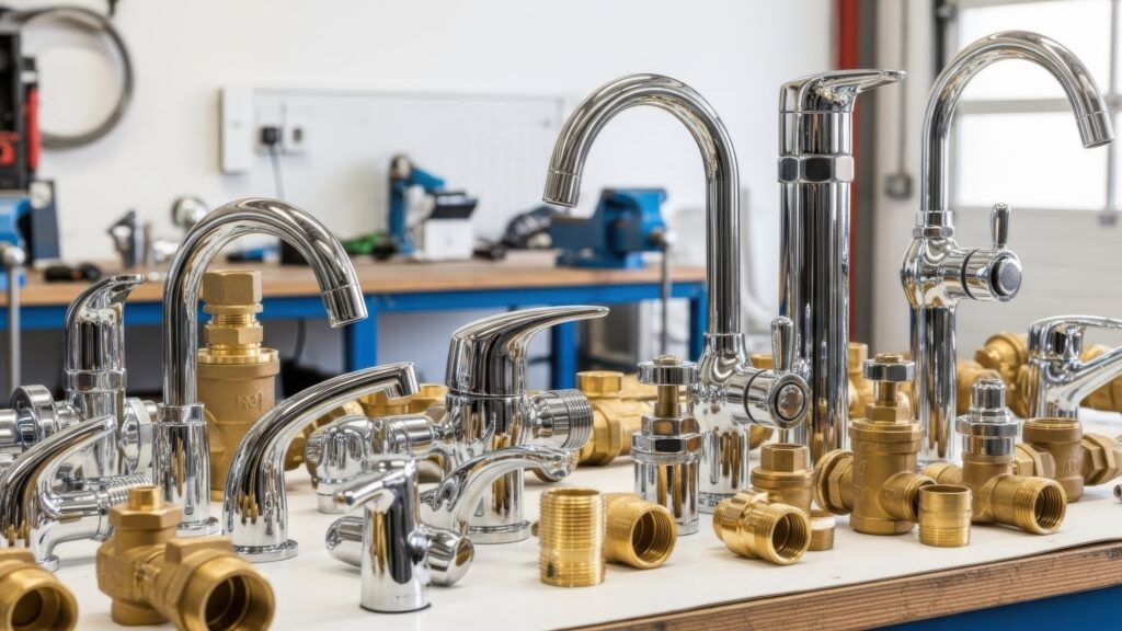 collection of shiny chrome and brass plumbing faucets and fixtures displayed in a showroom setting